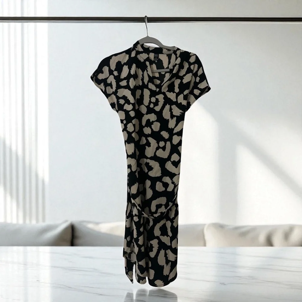 Emery Rose Black & Beige Animal Print Tie-Waist Dress Size S - Picture 1 of 3